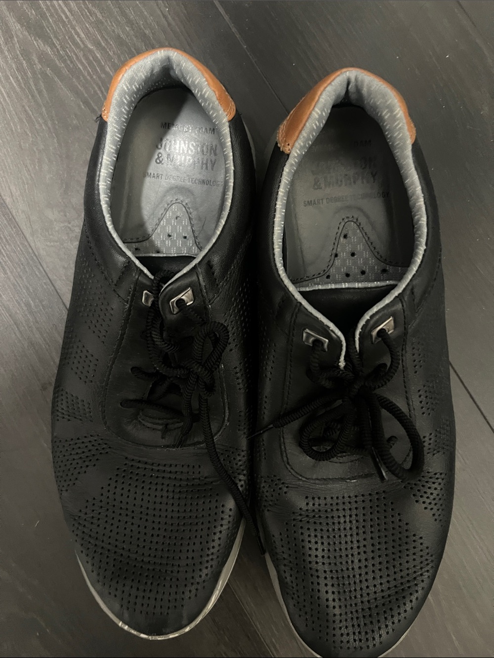 Johnston & Murphy Black Perforated Leather Lace-Up Oxfords with Tan Collar